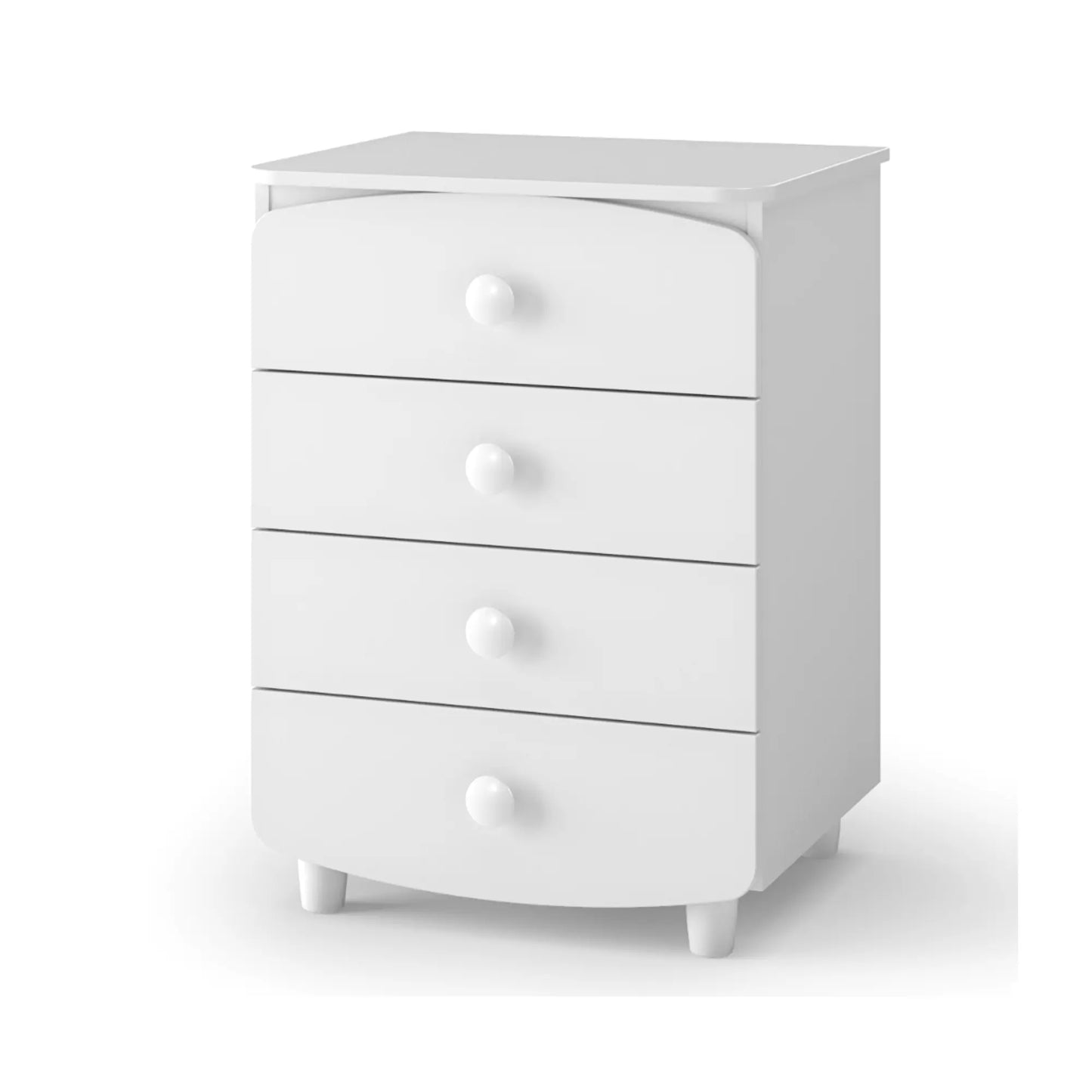 Veres Kommode Spanplatte 600 in Weiß mit vier Schubladen und runden Kunststoffknöpfen.
