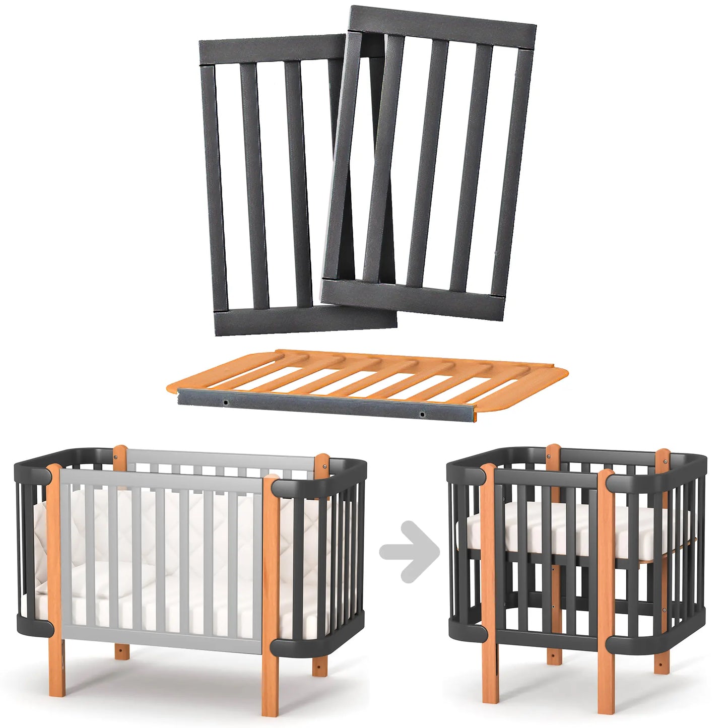 Umbausatz für das Babybett Veres Monaco in Anthrazit und Natur – praktischer Umbausatz, der das Babybett in ein Mini-Bett verwandelt.