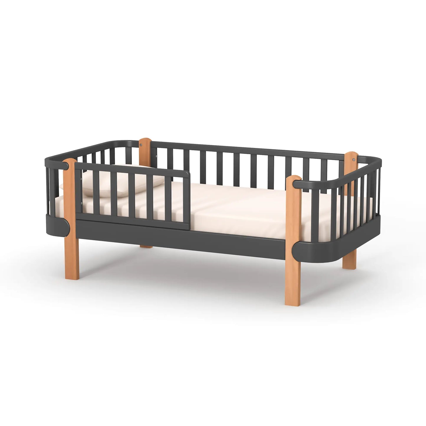 Veres Monaco 160 Jugendbett in Anthrazit Natur. Kontrastreiche Optik mit dunklem Rahmen und natürlichen Holzelementen für einen modernen Look.