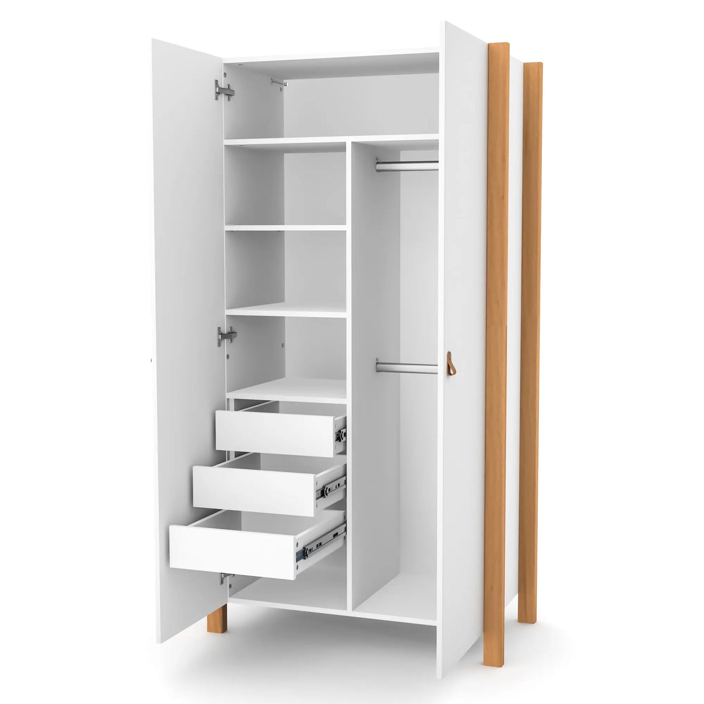 Geöffneter Veres Monaco 960 Kinderkleiderschrank in Weiß. Geräumiges Innenleben mit Kleiderstange, Regalfächern und praktischer Aufteilung für optimale Ordnung.