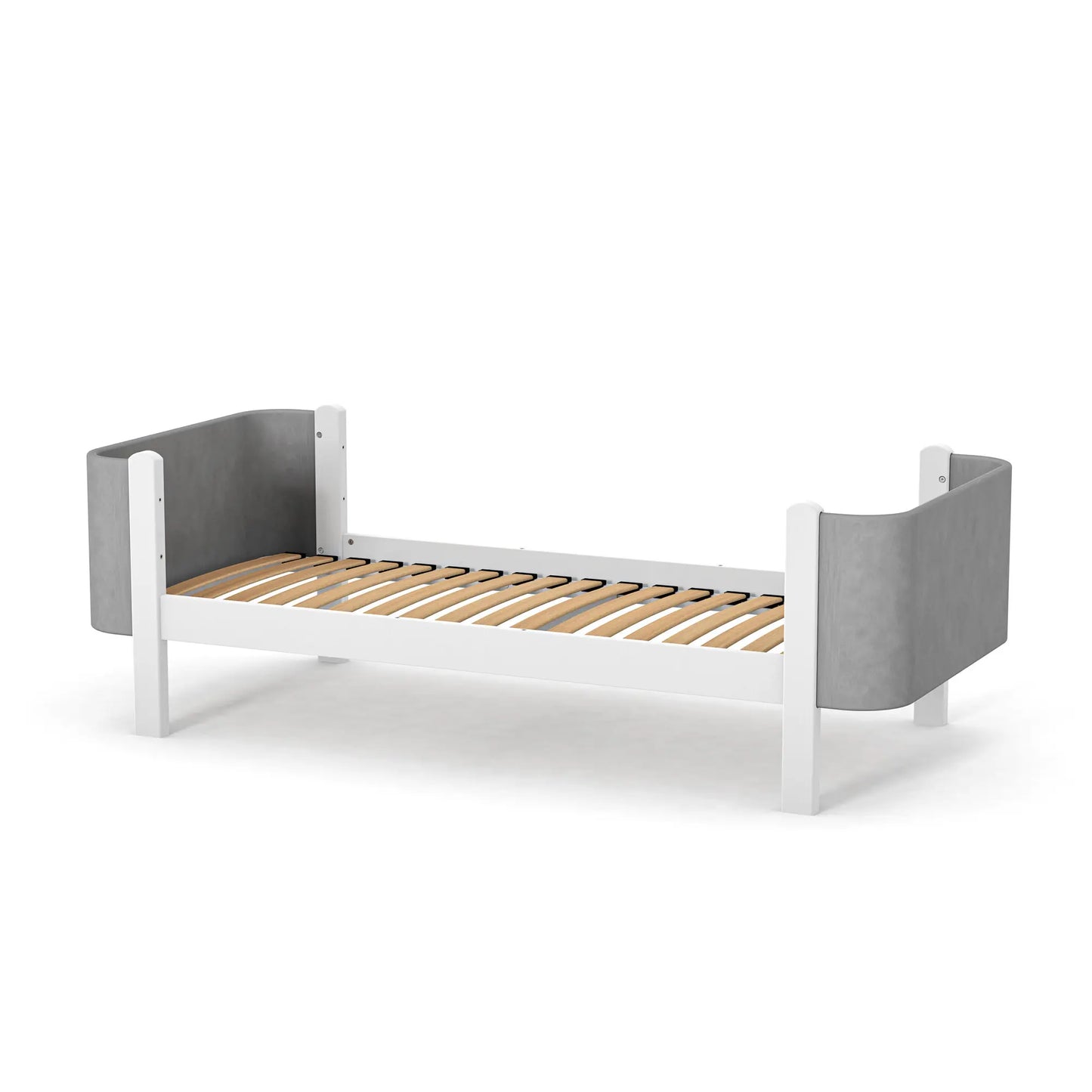 Veres Monaco Velour 190 Jugendbett in Grau mit sichtbarem Lattenrost. Stabiler Lattenrost für optimale Belüftung und Schlafkomfort.