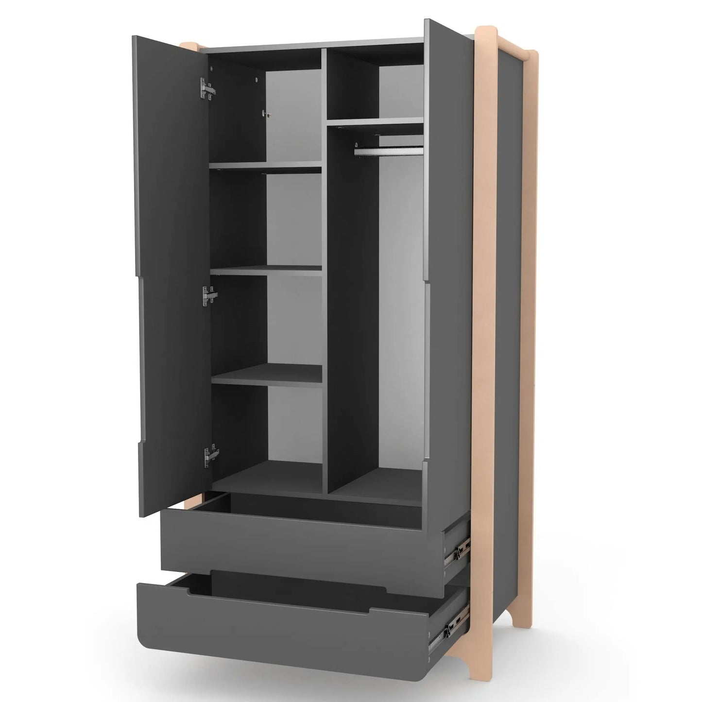 Veres Nice Schrank mit Schubladen – Innenansicht mit Regalen – Schrank Veres Nice geöffnet, zeigt Regale und Schubladen für optimalen Stauraum.