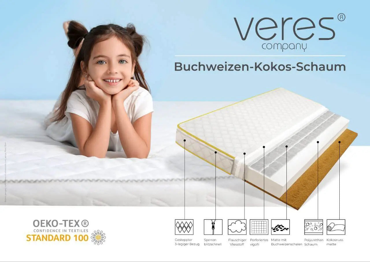 Veres Babybett-Matratze 120×60 cm auf Werbebanner – hochwertige und umweltfreundliche Matratze mit ergonomischer Unterstützung