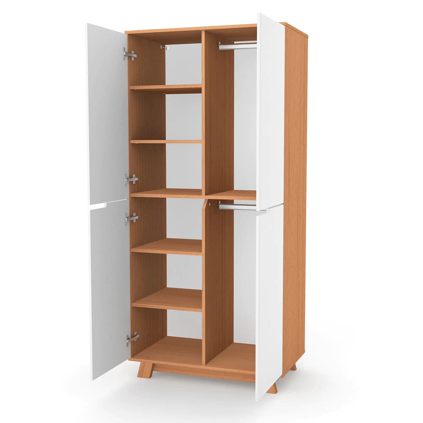 Geöffneter Veres Manhattan 850 Schrank, zeigt Stauraum mit Regalen und zwei Kleiderstangen.