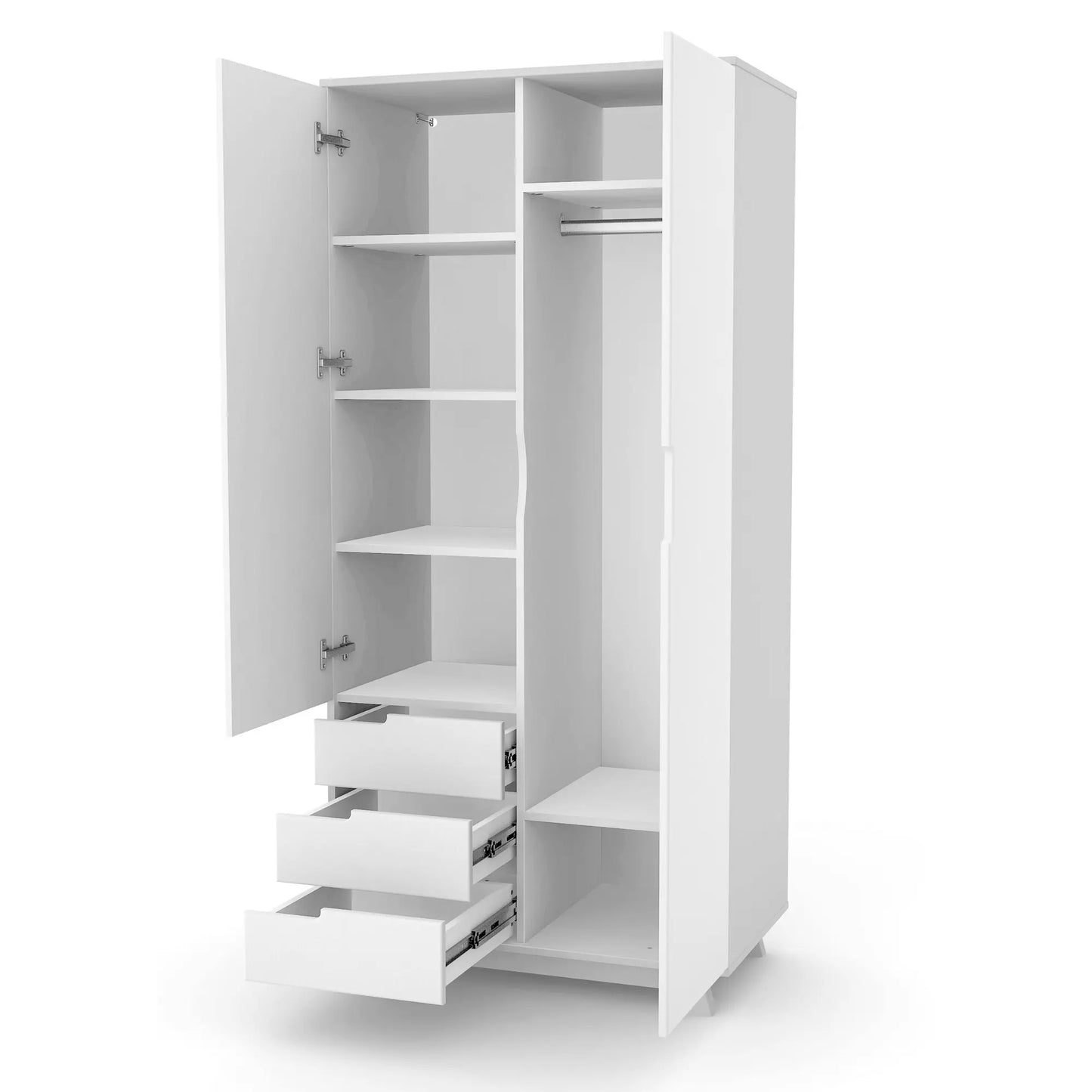 Detailansicht des Innenraums des Veres Manhattan 850 Schranks, präsentiert die praktische Anordnung von Regalen, Kleiderstange und Schubladen für die Aufbewahrung von Kinderkleidung