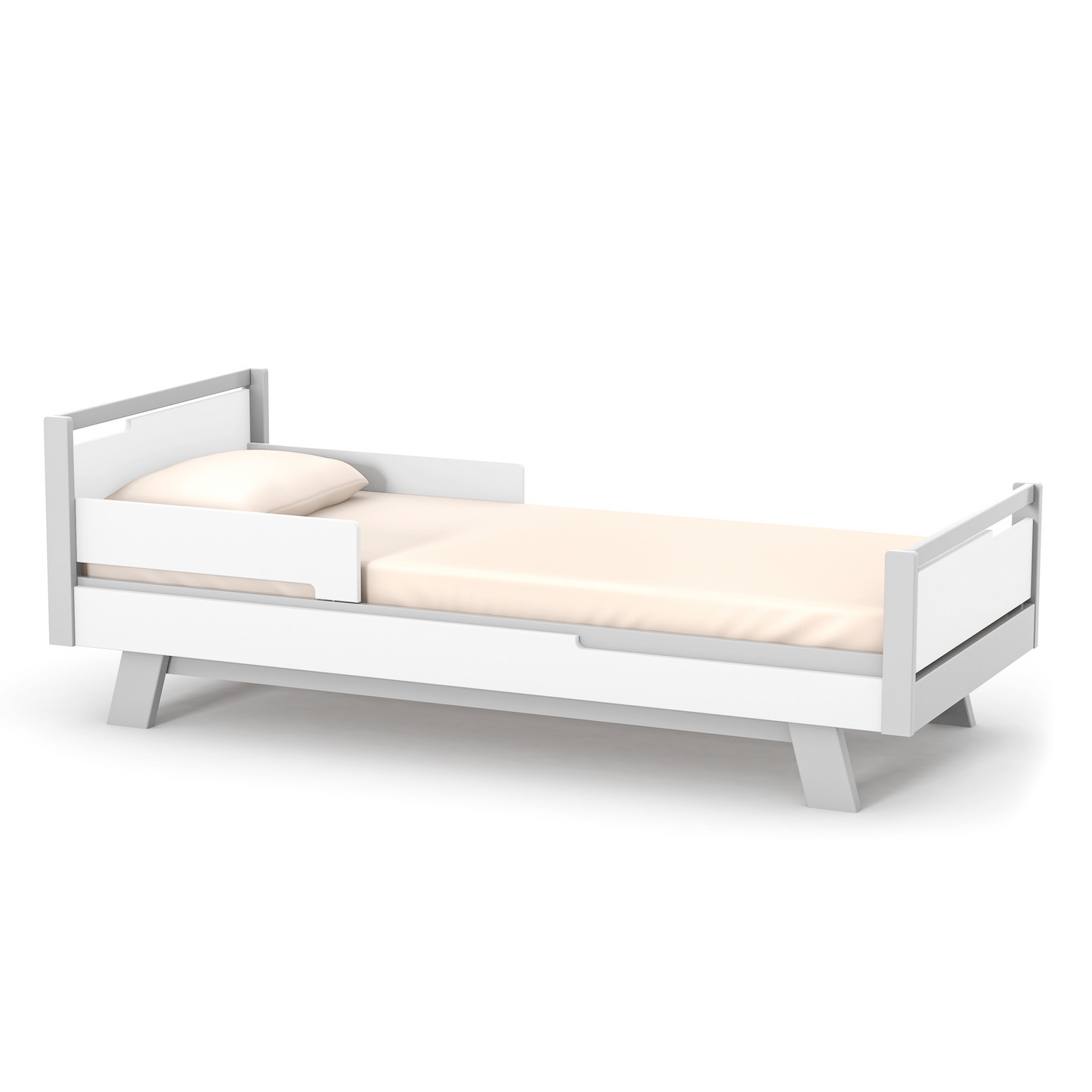Veres Manhattan 190 Jugendbett in Weiß Grau. Elegante Farbgestaltung mit schlichten Linien und einem gepolsterten Kopfteil für gemütliche Nächte.