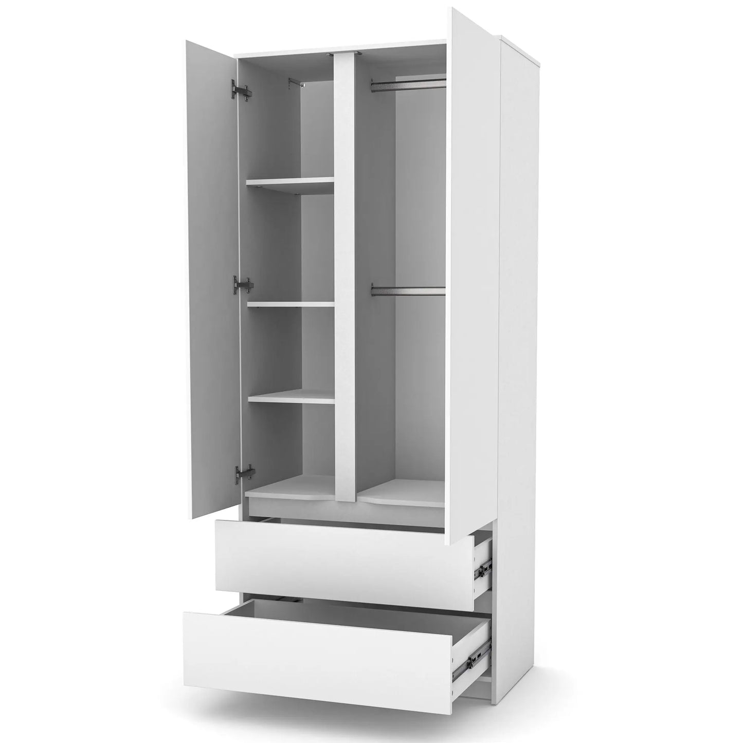 Veres Bern 900 Schrank mit Schubladen, zweitürig (90 x 50,3 x 207,1 cm) offen mit Regalböden und Kleiderstangen.