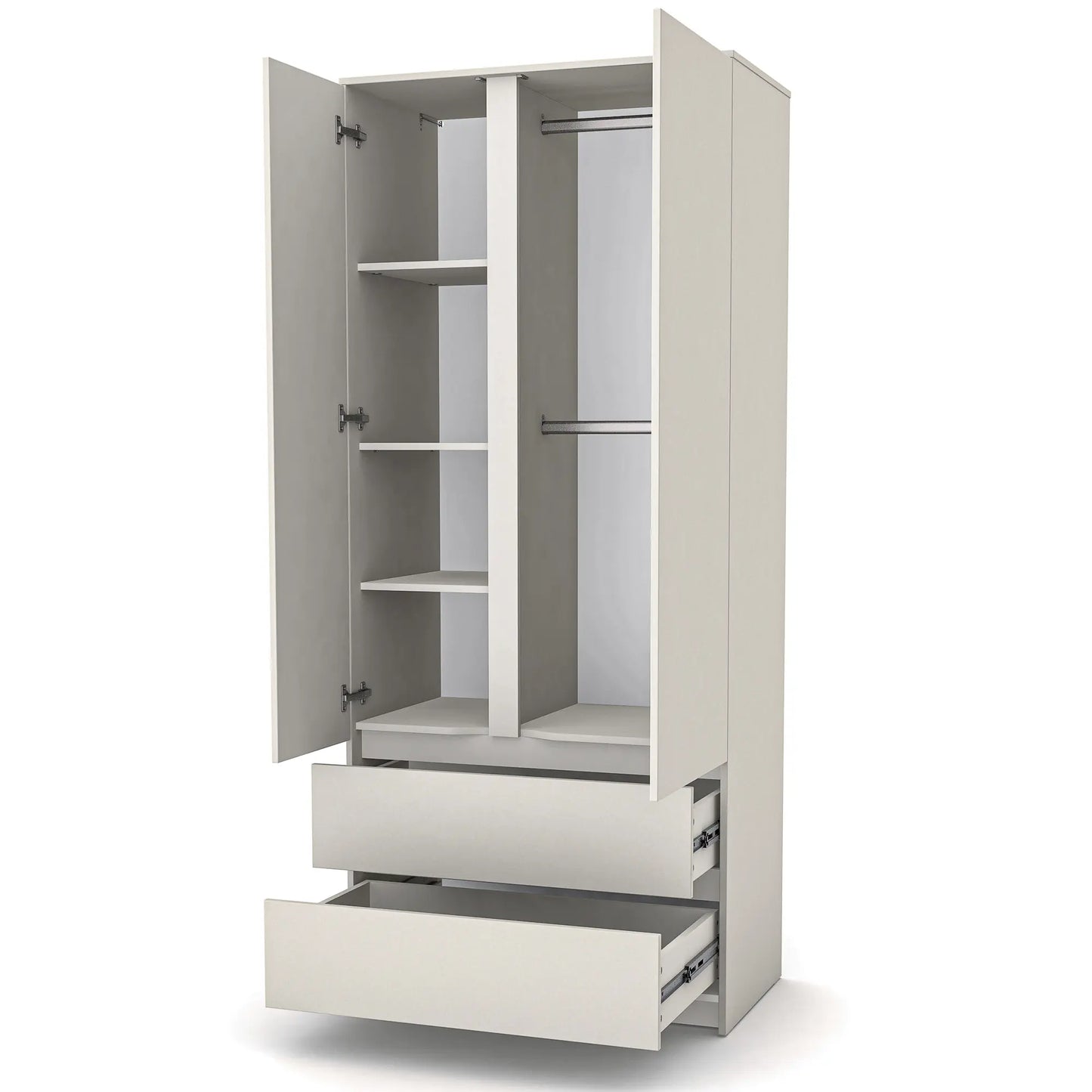 Veres Bern 900 Schrank mit Schubladen, zweitürig (90 x 50,3 x 207,1 cm) innen mit Regalböden und Kleiderstangen.