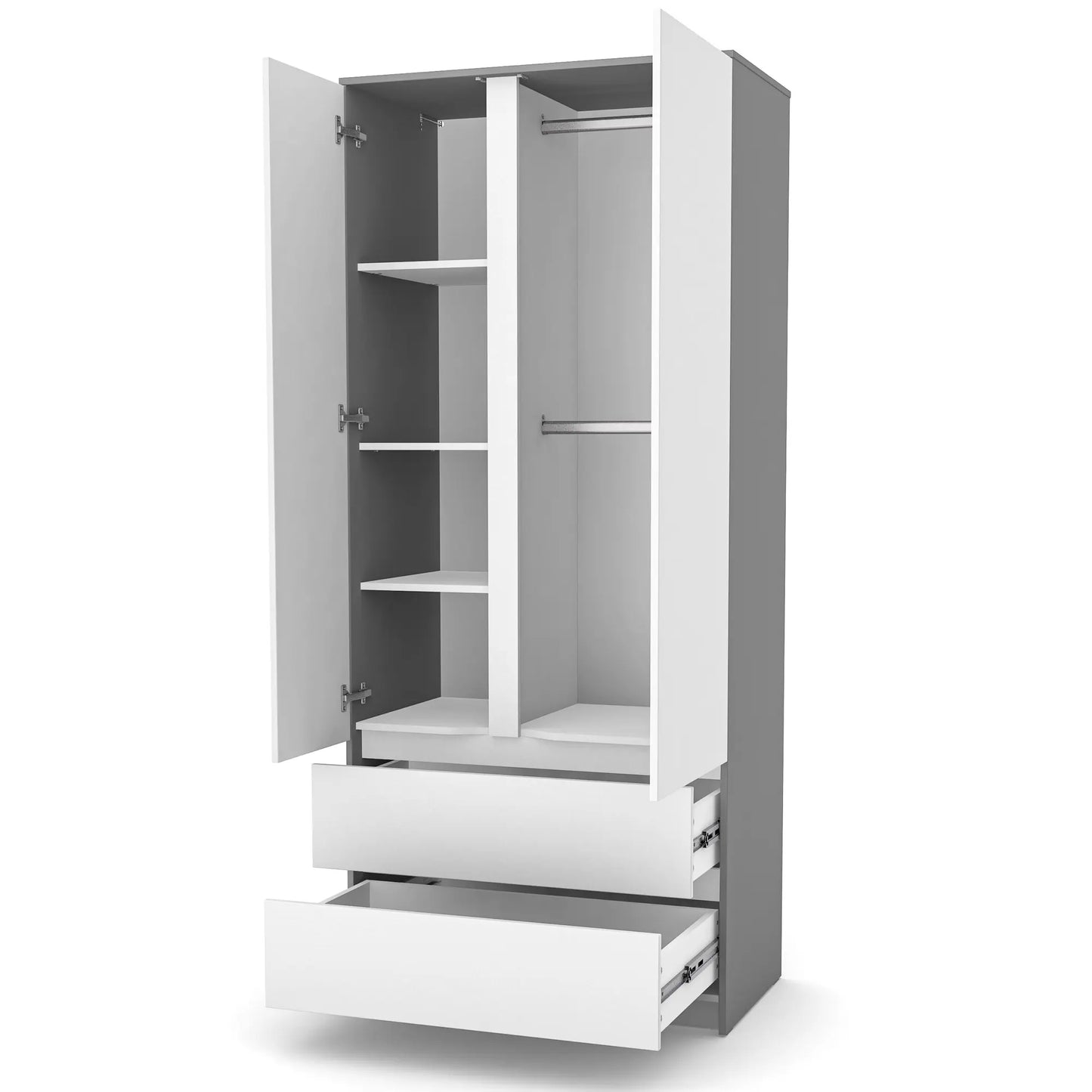Veres Bern 900 Schrank mit Schubladen, zweitürig (90 x 50,3 x 207,1 cm) mit offenen Türen und Schubladen.
