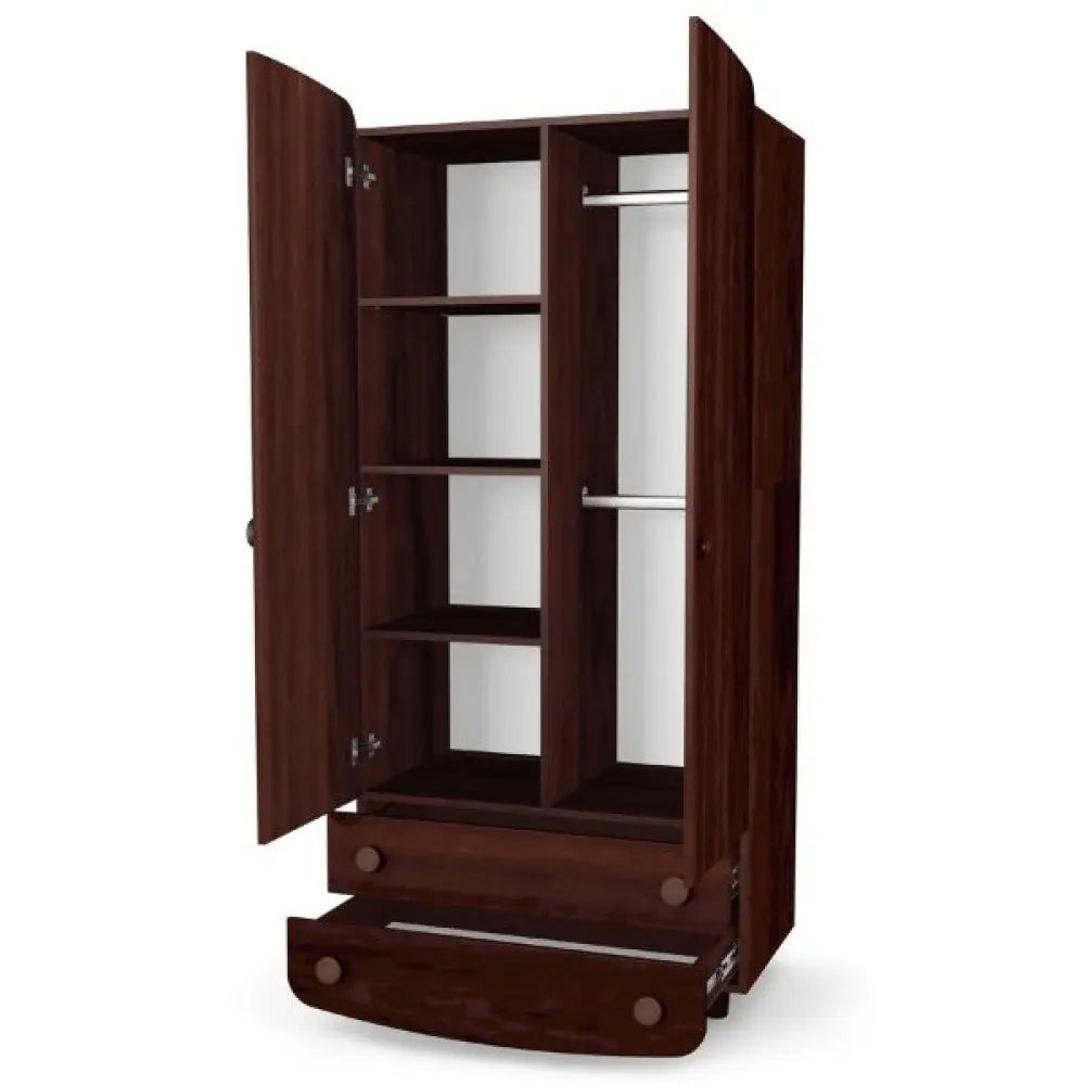 Schrank Veres aus Spanplatte mit offenen Türen, 2 Schubladen, 4 Einlegeböden und 2 Kleiderstangen.