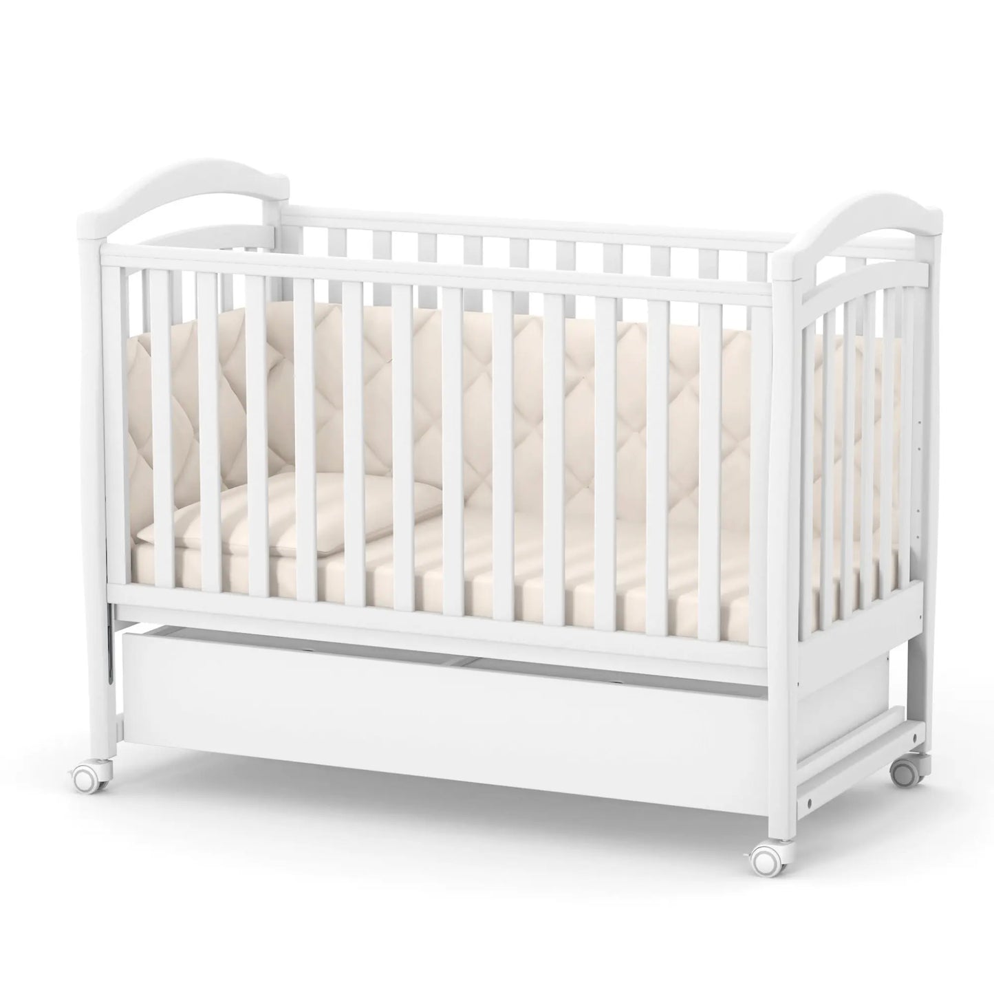Schublade ohne Schaukelsystem für Veres Babybetten LD6, LD13, LD15, LD18 unter einem Babybett in Weiß.