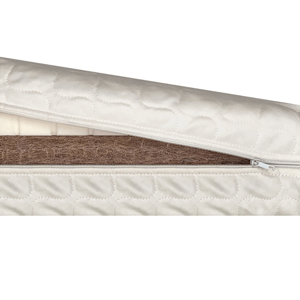 Matratze Veres Kokos-Latex-Hanf - 120*60*10cm, geöffnet mit Bezug und Kokosfasermatte sichtbar.