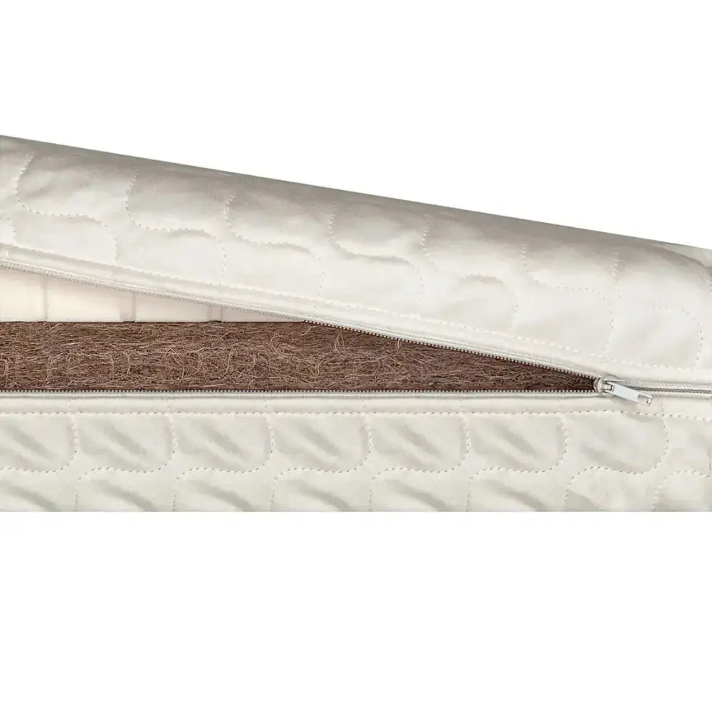 Matratze Veres Kokos-Latex-Hanf - 120*60*10cm, geöffnet mit Bezug und Kokosfasermatte sichtbar.