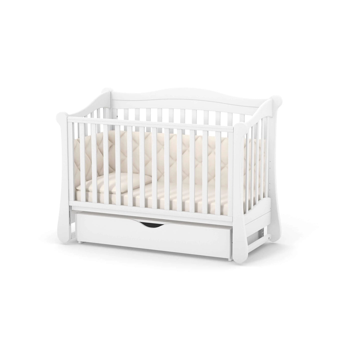 Babybett Veres LD18 – klassisches Modell im amerikanischen Stil aus Holz 120*60cm mit frischem Weiß und praktischer Schublade.