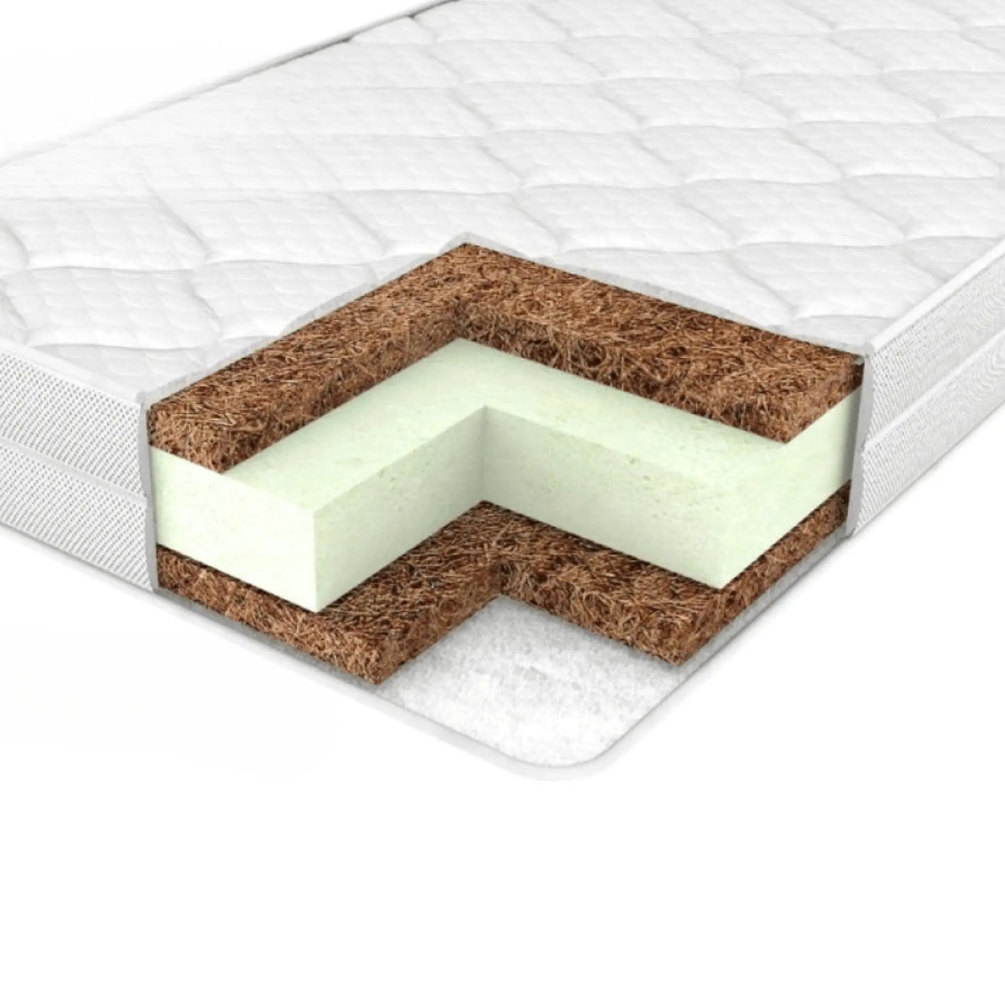 Veres Matratze Kokos Schaum - 120*60*7cm, Schnittansicht der Kindermatratze mit Polyurethanschaum und Kokosfasermatte.