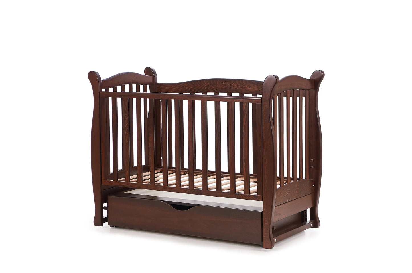 Veres LD15 Babybett (120x60 cm) Klassisches Modell aus Holz in dunklem Holzfinish mit Schublade.