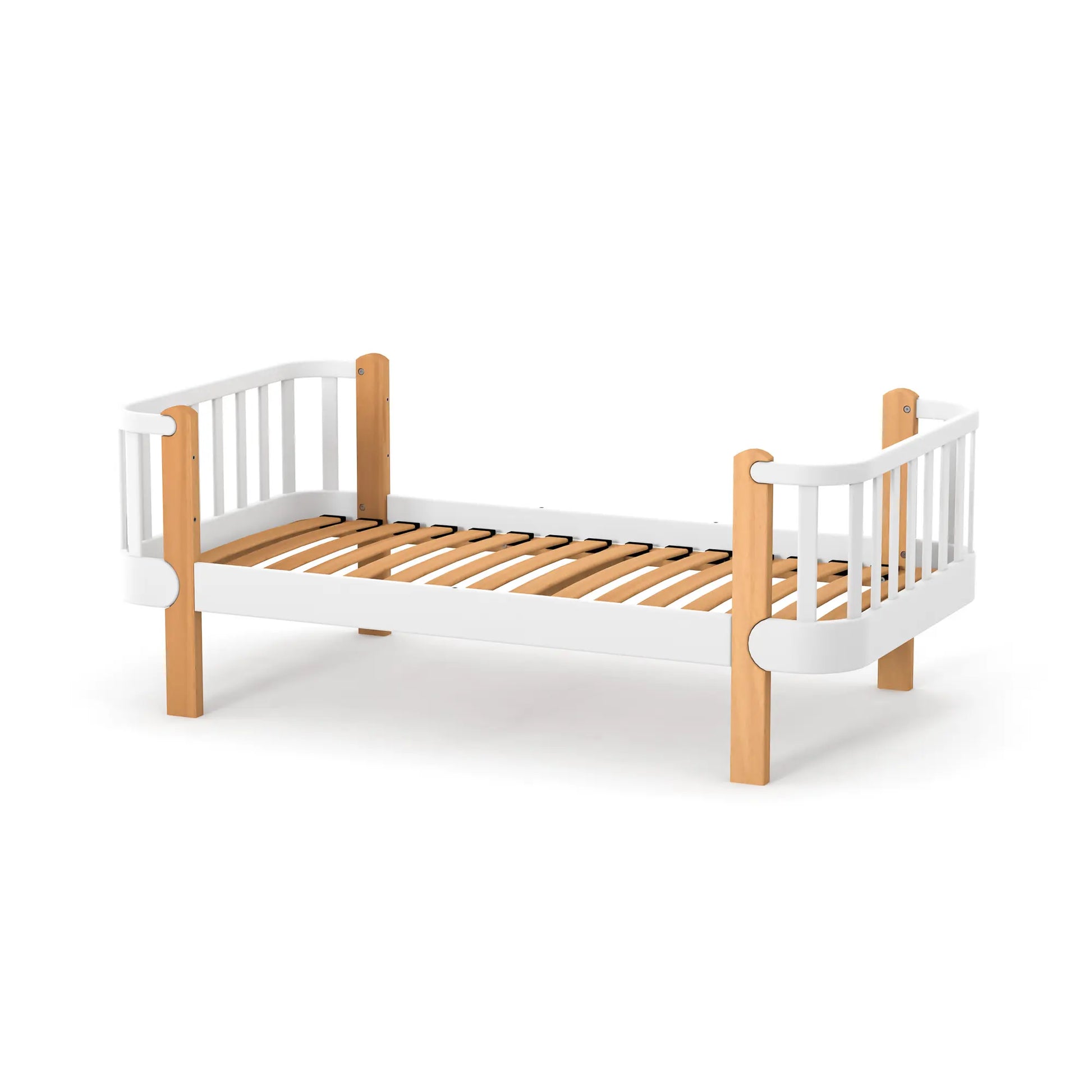 Veres Monaco 160 Jugendbett in Weiß Natur mit sichtbarem Lattenrost. Robuste Holzkonstruktion für ergonomische Unterstützung und optimalen Schlafkomfort.