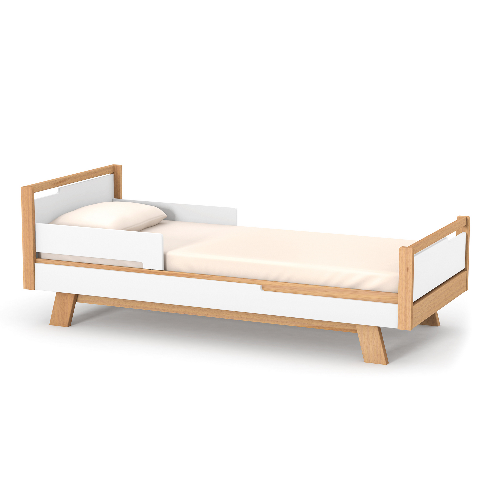 Veres Manhattan 190 Jugendbett in Weiß Natur. Modernes Design mit natürlichen Holzakzenten und einem gepolsterten Kopfteil für höchsten Komfort.