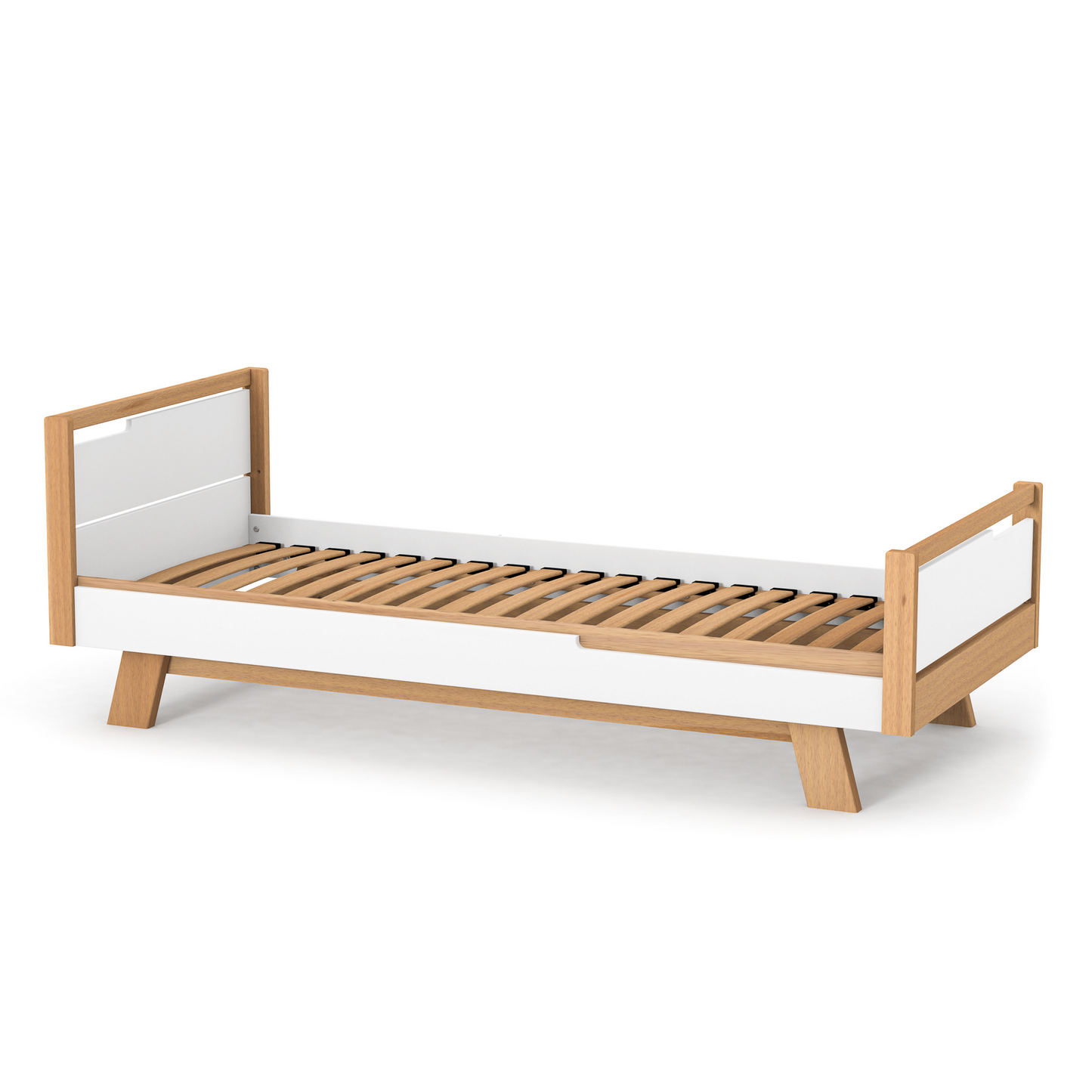Veres Manhattan 190 Jugendbett in Weiß Natur mit sichtbar integriertem Lattenrost. Robuste Lattenkonstruktion sorgt für eine stabile und ergonomische Liegefläche.