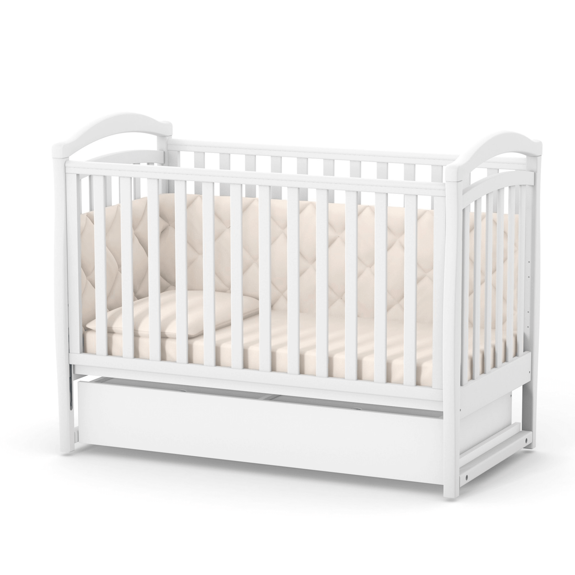 Schublade ohne Schaukelsystem für Veres Babybetten LD6, LD13, LD15, LD18 unter einem weißen Babybett mit Matratze.